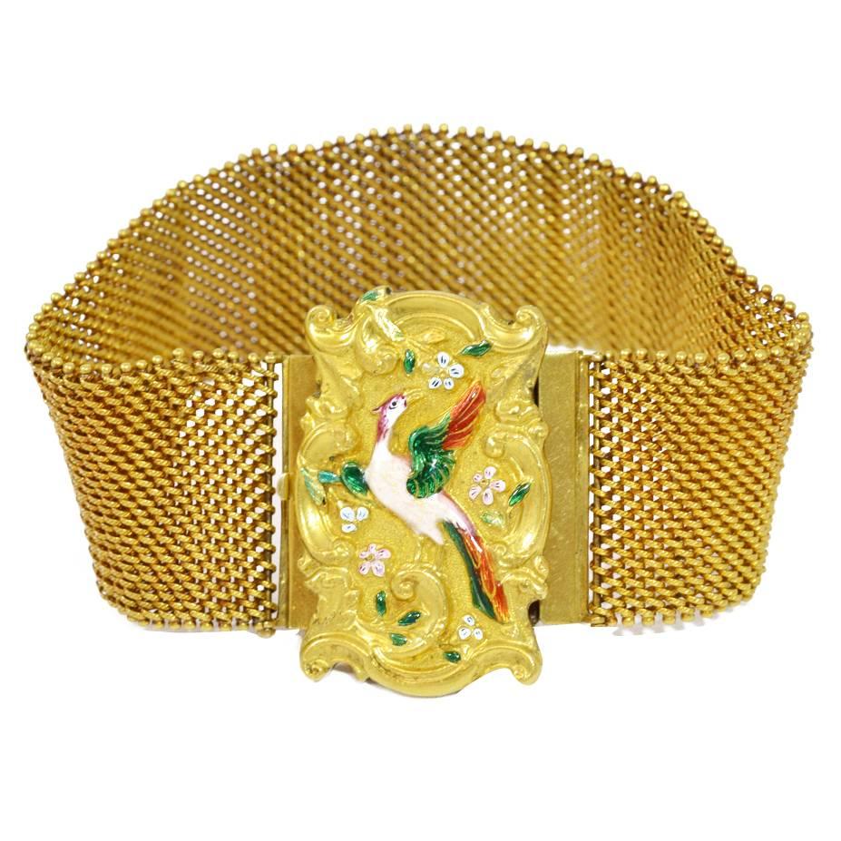 Early 19th Century Enamel Woven Gold Mesh Bracelet For Sale