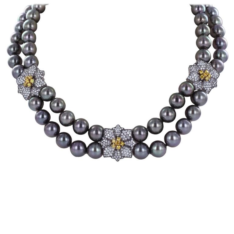 Double Row Tahitian Pearl Diamond Gold Necklace For Sale