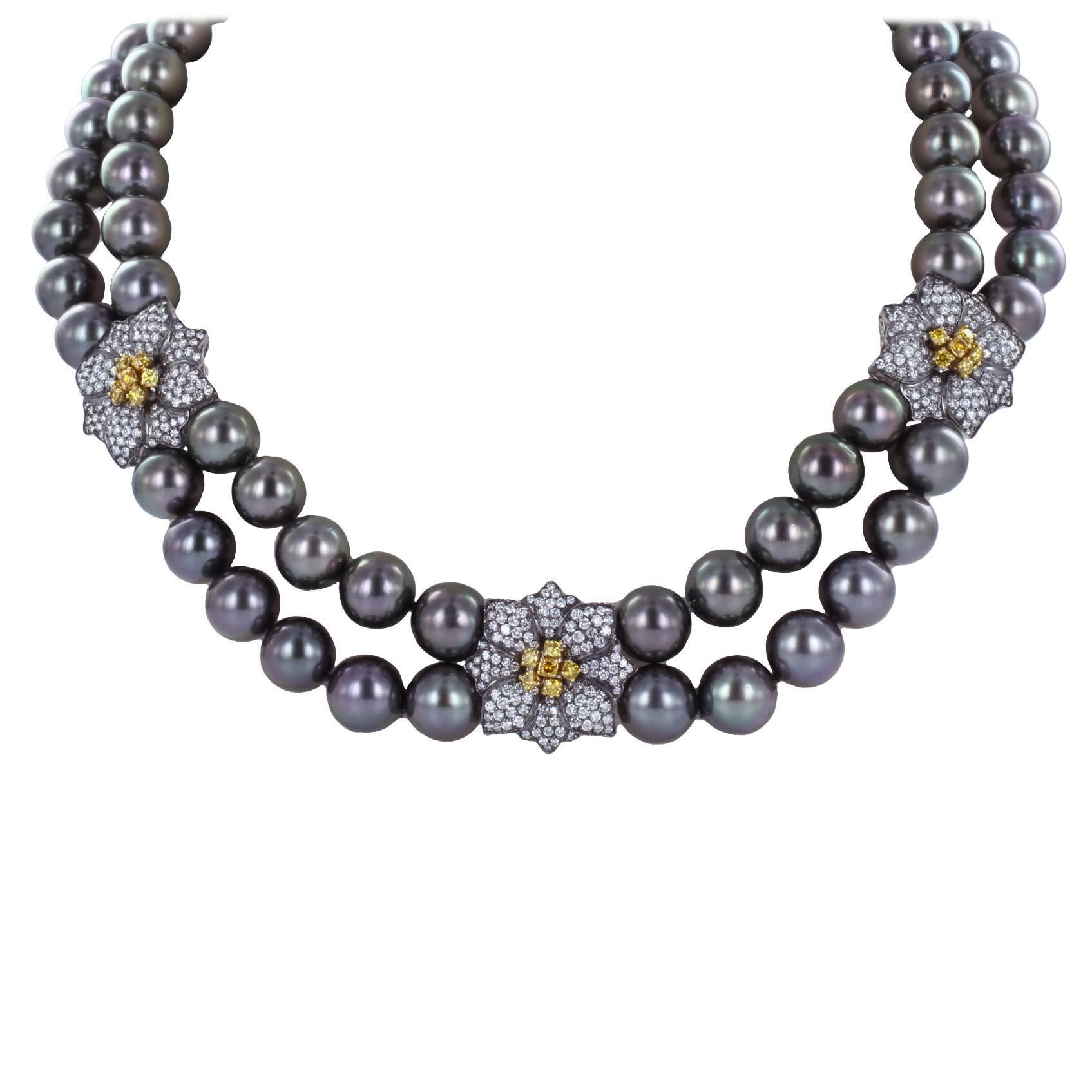 Double Row Tahitian Pearl Diamond Gold Necklace For Sale