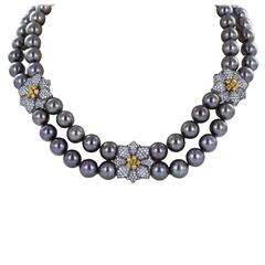 Double Row Tahitian Pearl Diamond Gold Necklace