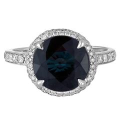 Certified No Heat 4.98 Carats Round Greenish Blue Sapphire Diamond Ring 7