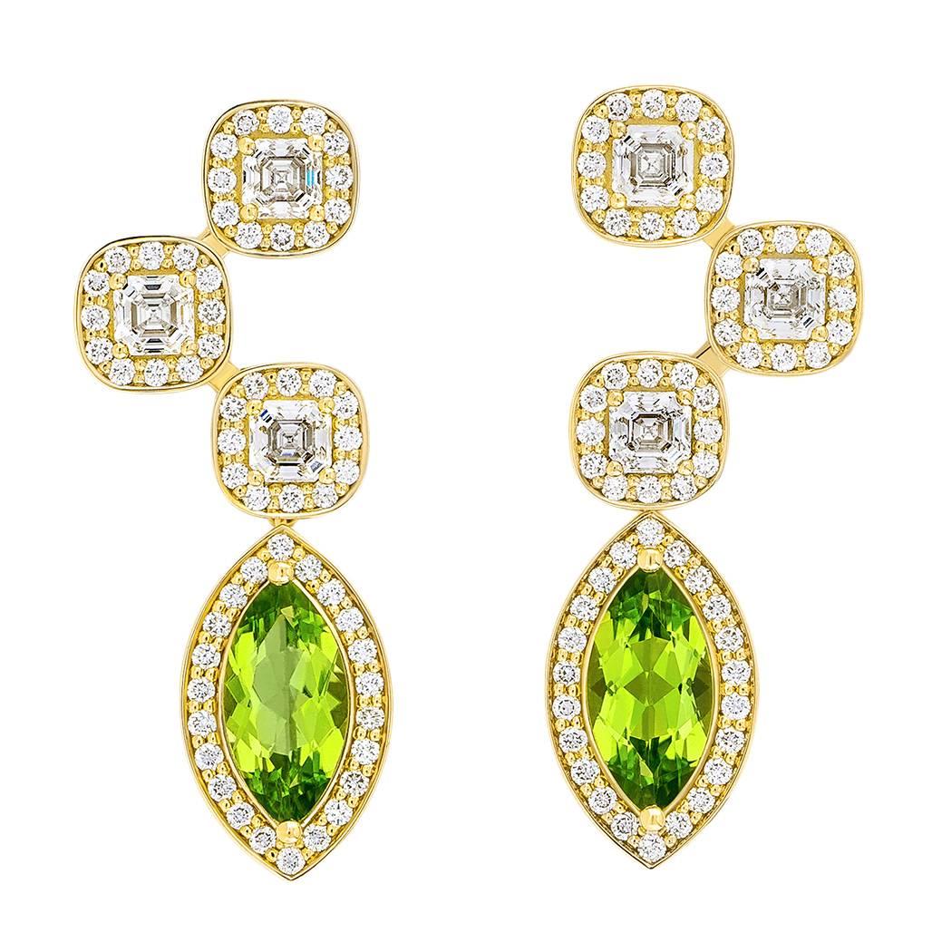 Yellow Gold Pave Set White Diamond Asscher Green Peridot Drop Earrings  For Sale