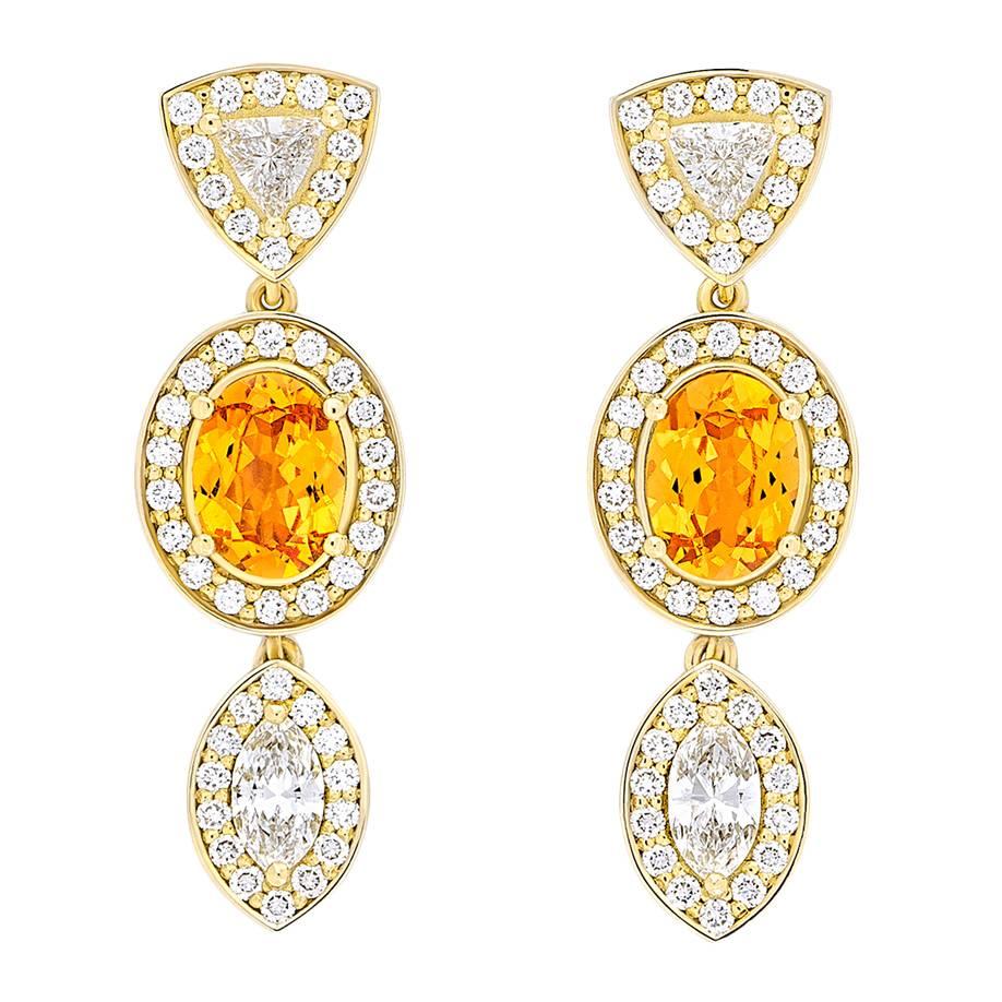 Yellow Gold Pave Set White Diamond Marquise Trillion Orange Garnets Earrings For Sale
