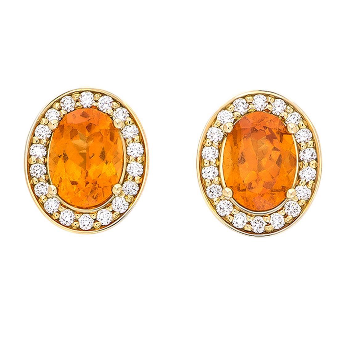 Yellow Gold Pave Set White Diamond Brilliant Orange Garnet Stud Earrings For Sale