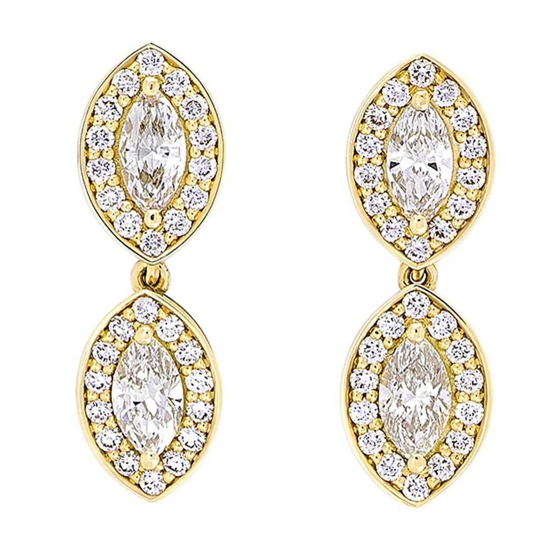 Yellow Gold Pave Set White Diamond Marquise Drop Dangle Earrings  For Sale