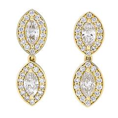 Yellow Gold Pave Set White Diamond Marquise Drop Dangle Earrings 