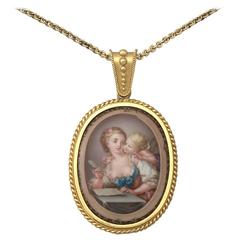 18k Yellow Gold Miniature Portrait Pendant - Antique Victorian