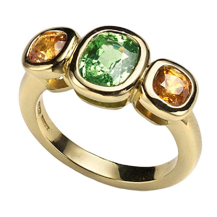 Tsavorite Mandarin Garnet Gold Three Stone Ring For Sale