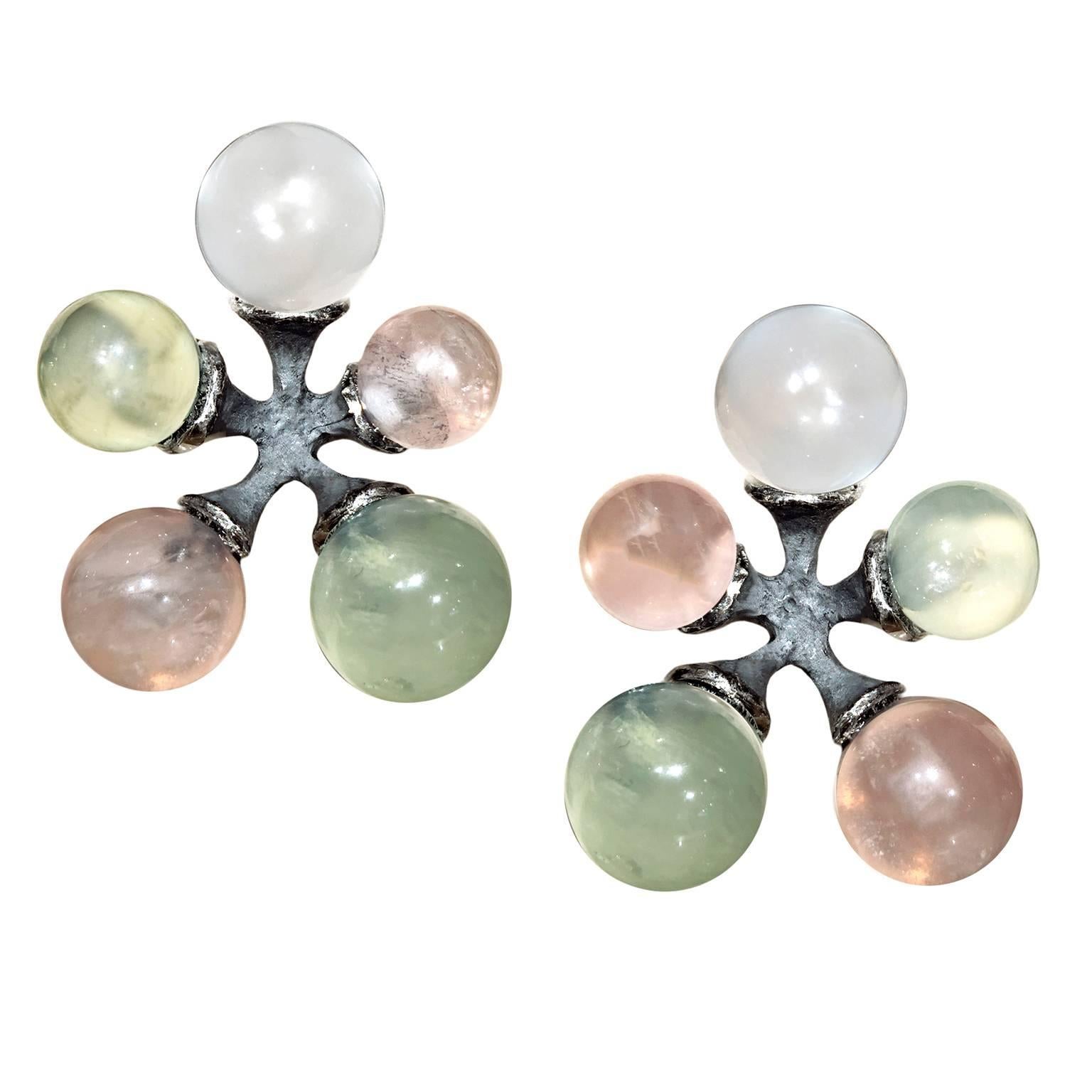 John Iversen Moonstone Rose Quartz Prehnite Silver Gold Micro Jack Earrings