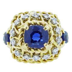 Vintage French Natural No Heat Sapphire Diamond Gold Ring