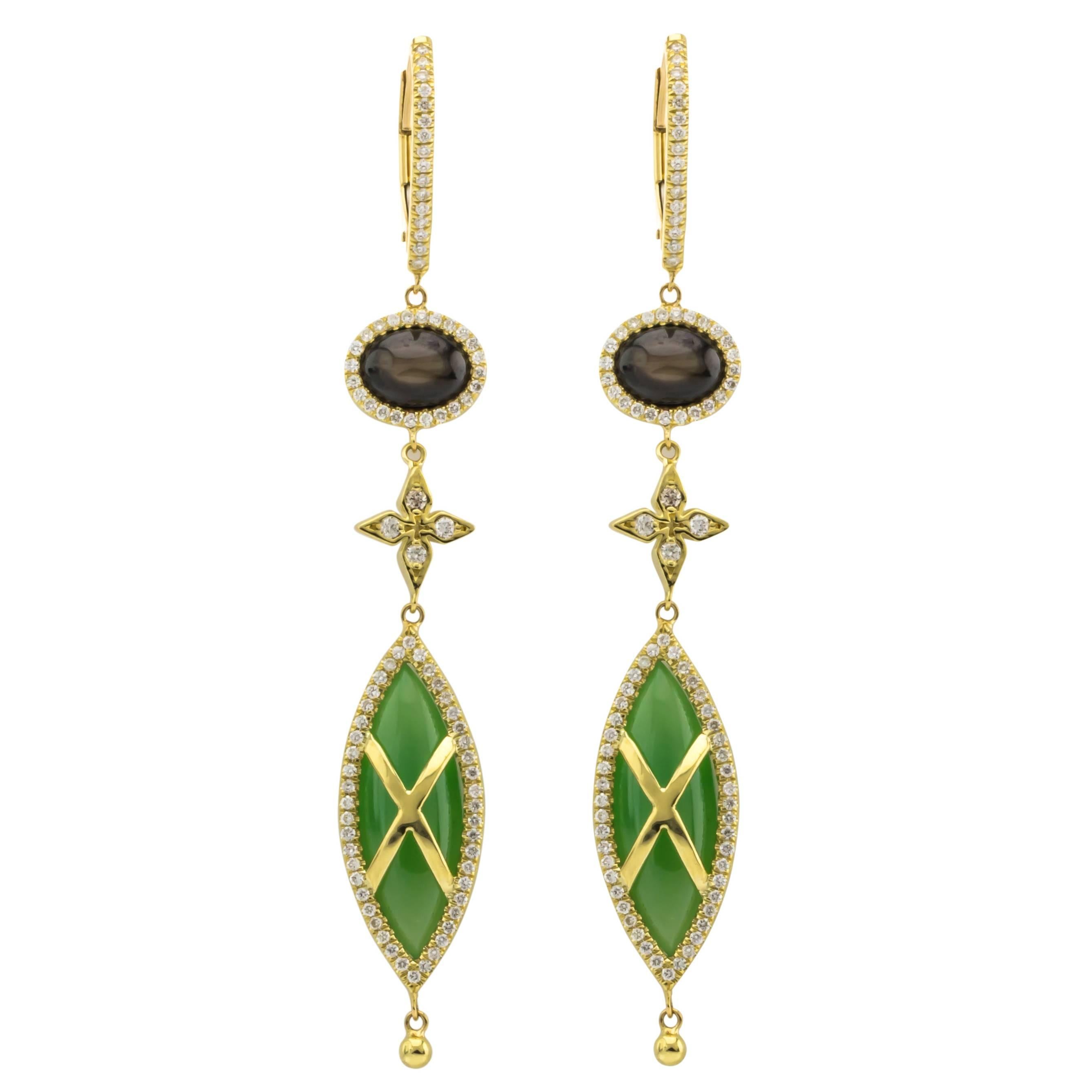 One of a Kind Transvaal Jade Black Star Sapphire Diamond Gold Dangle Earring For Sale