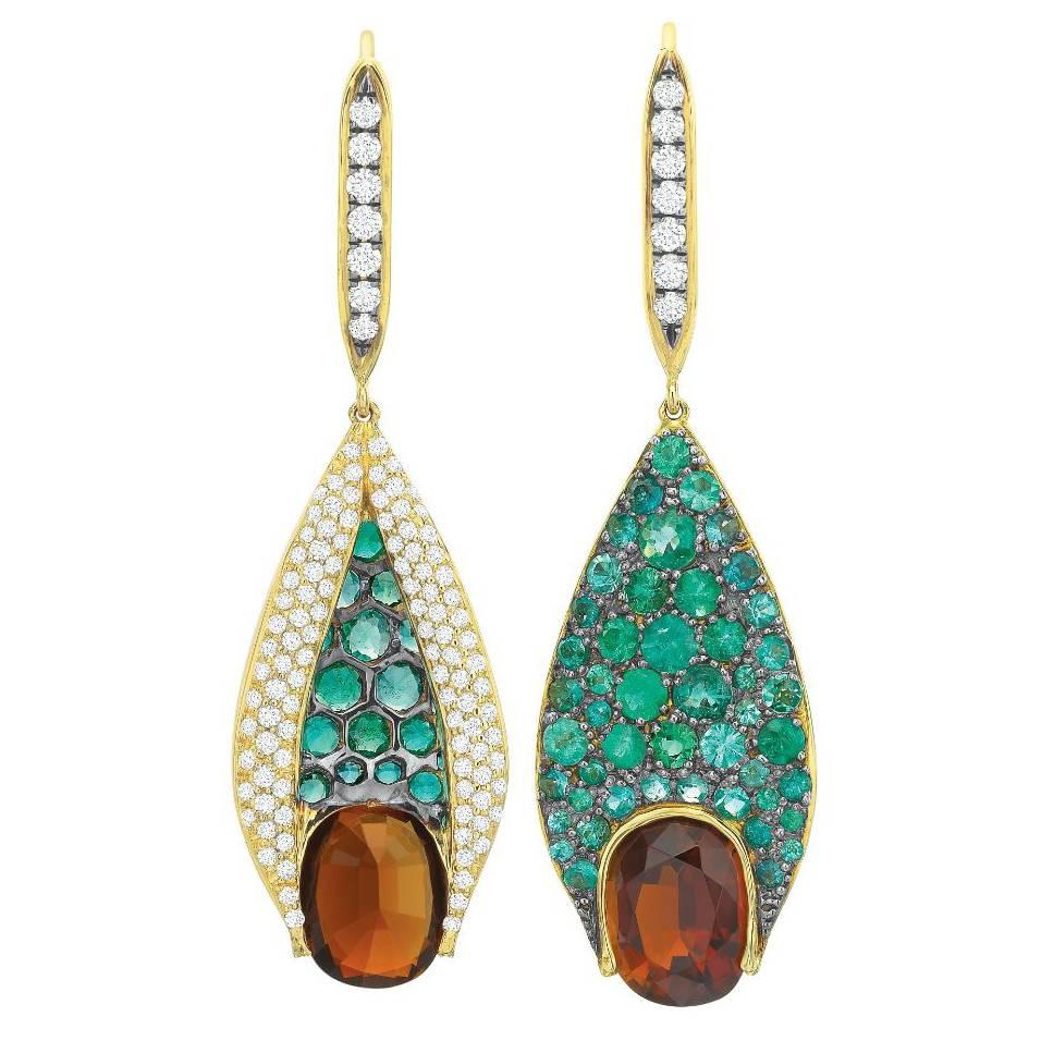 Cognac and Paraiba Tourmaline Diamond Gold Earrings