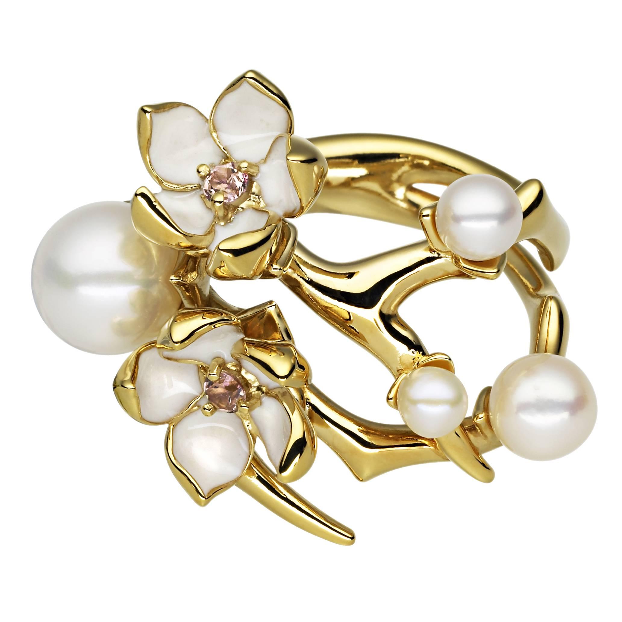 Shaun Leane Diamond and Pearl Gold Vermeil Cherry Blossom Ring For Sale