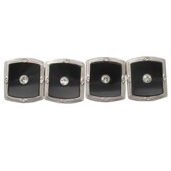 Onyx & 0.16Ct Diamond, 18k Yellow Gold & Platinum Set Cufflinks - Antique 8