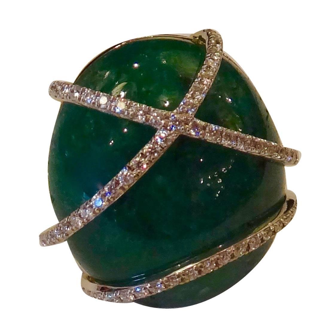 Emerald Cabochon Diamond Gold Dome Ring
