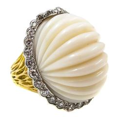 Fluted Melon Carved White Coral Diamond Ring