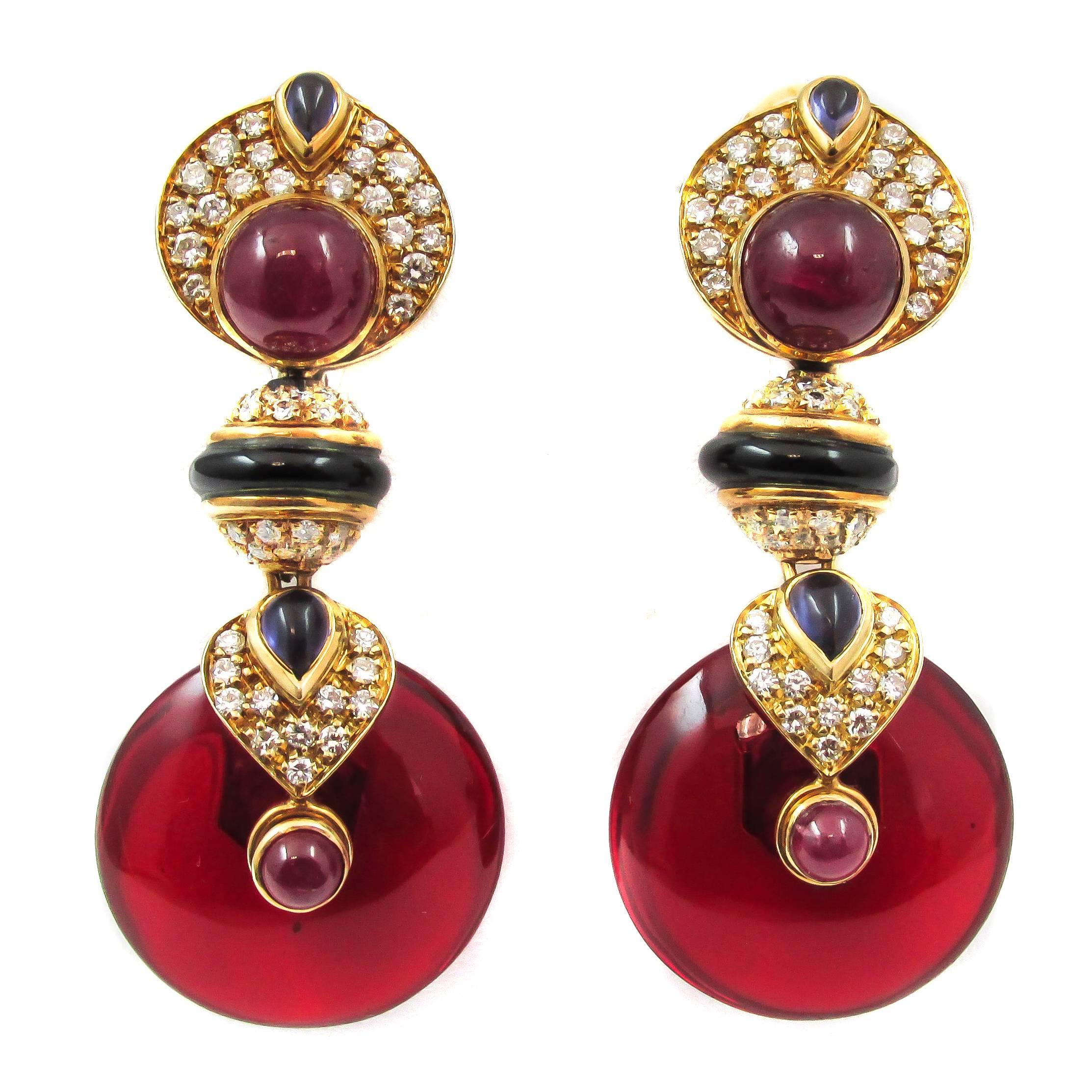 Ruby Sapphire Onyx Diamond Gold Earrings