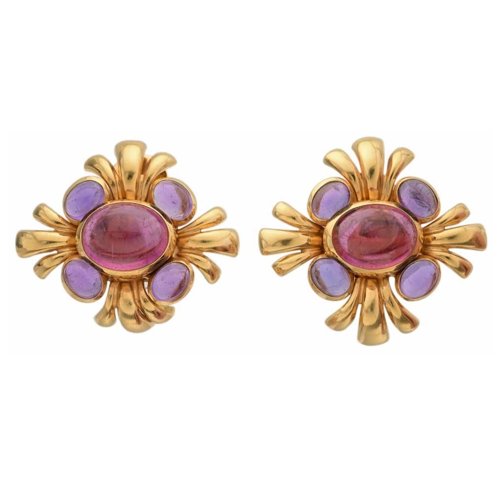 Verdura Pink Tourmaline Amethyst Gold Cabana Earclips