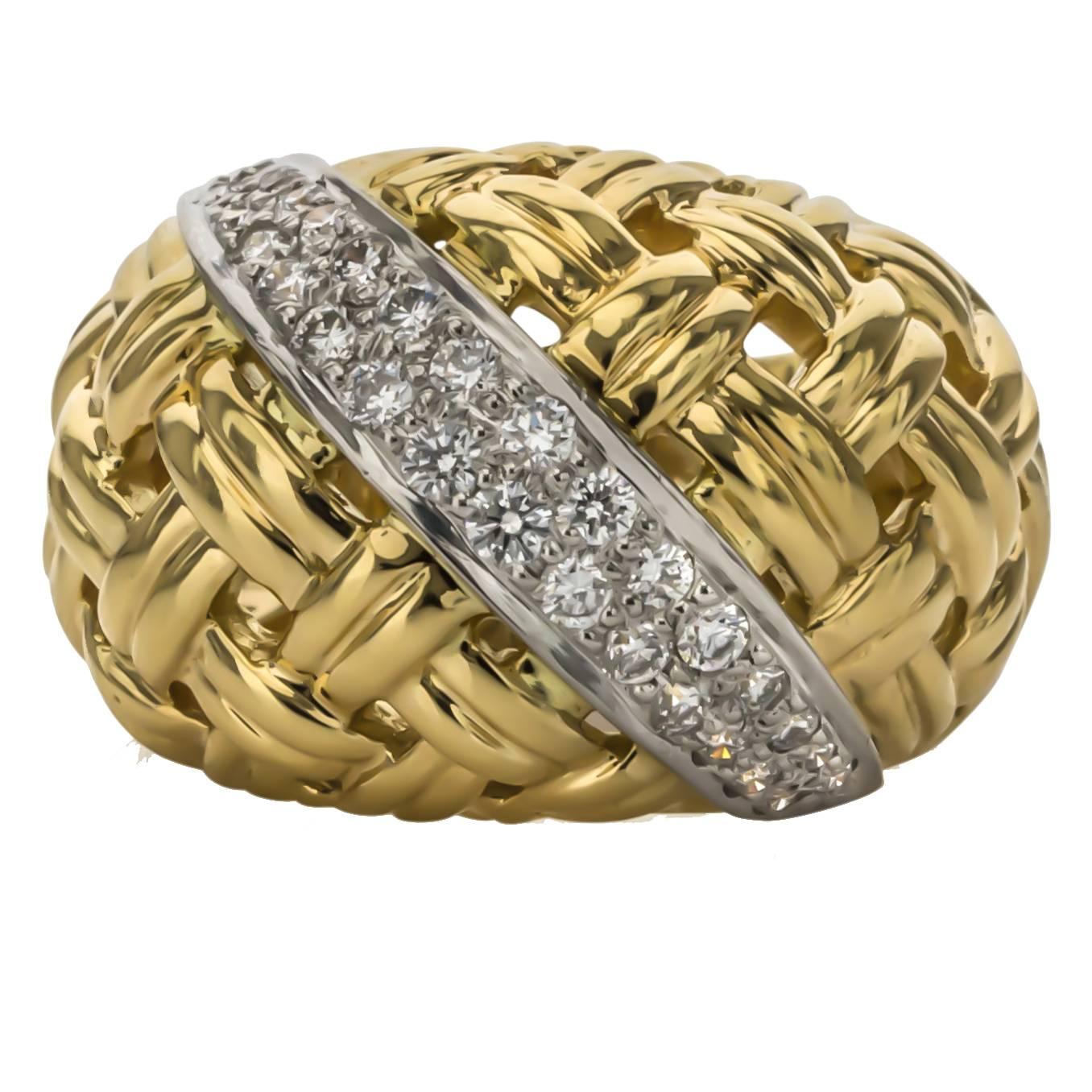 Gemlok by Gemveto .47 Carat Diamond Gold Platinum Basket Weave Ring For Sale