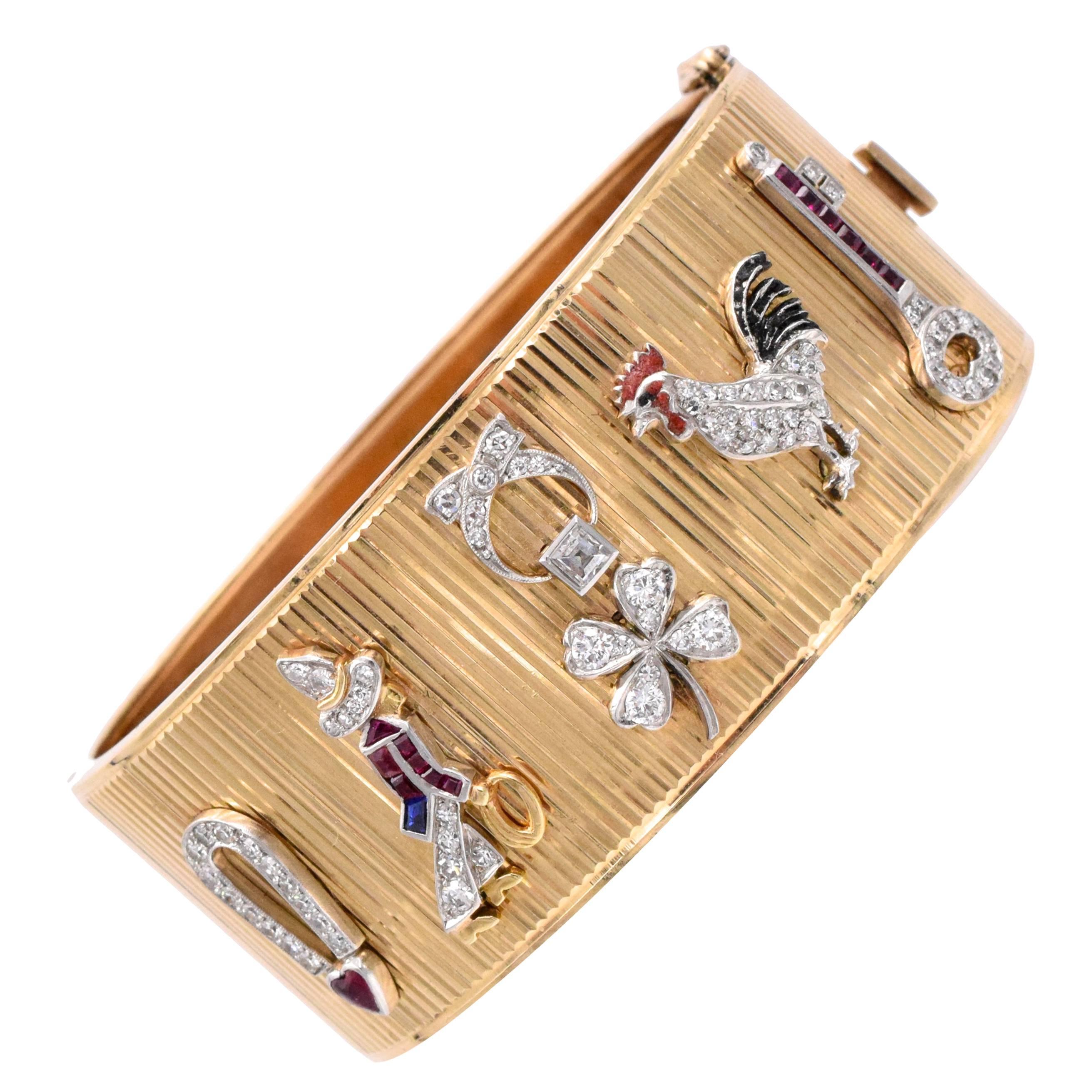 Retro Gold Cuff Bracelet with Platinum Art Deco Charms