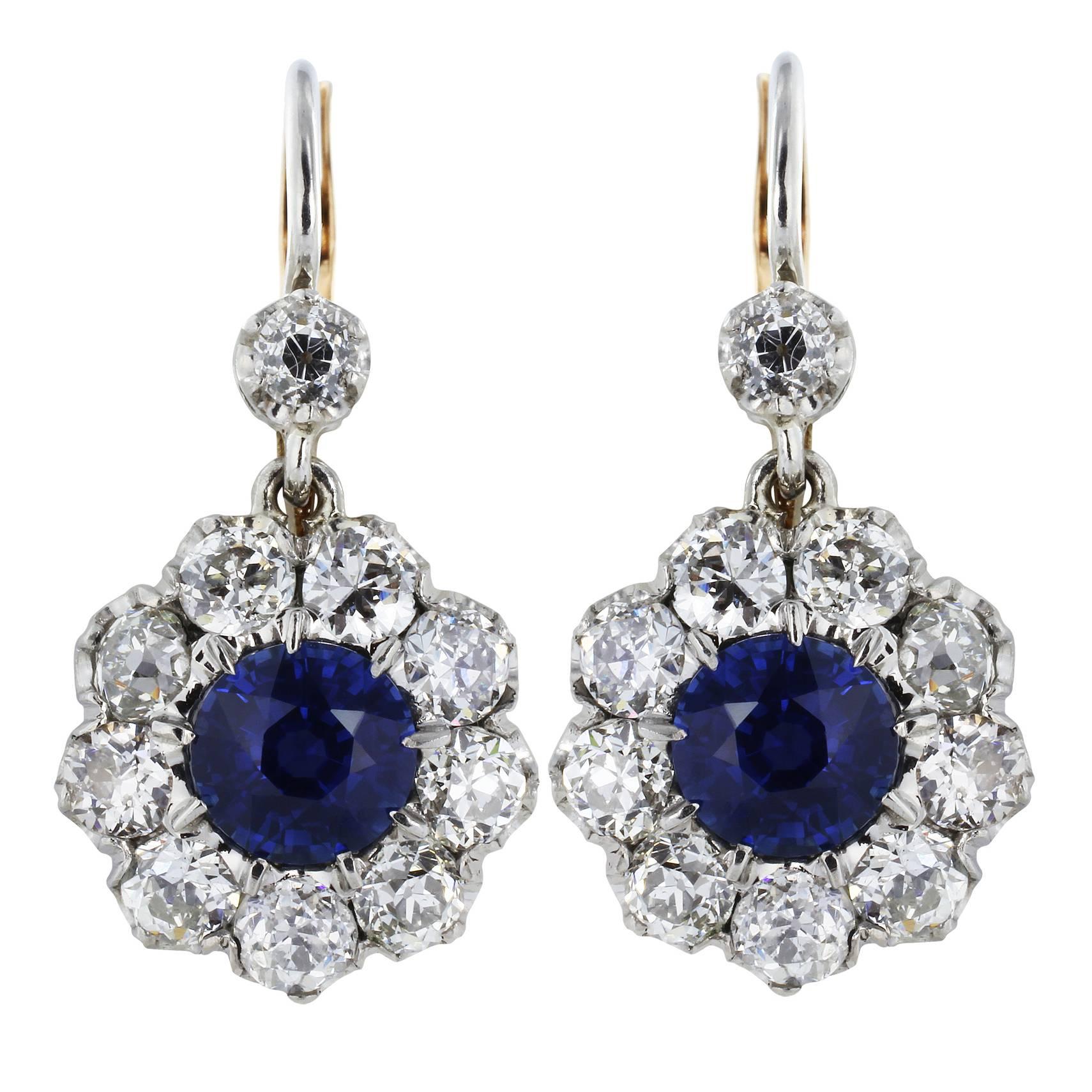 2.31 Carat Sapphires 3.10 Carat Diamonds Gold Drop Earrings For Sale