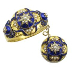 Antique Mid 19th Century French Enamel Pearl Gold Bracelet and Brooch