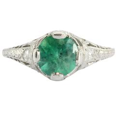 Antique Art Deco 1.15 Carat Emerald Diamond Platinum Ring