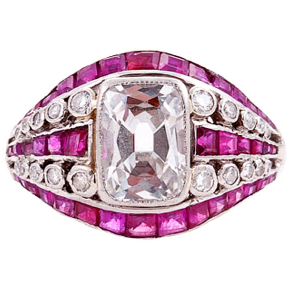 Templier Art Deco 1.61 Carat, F-G Color, Diamond Ruby Platinum Ring For Sale