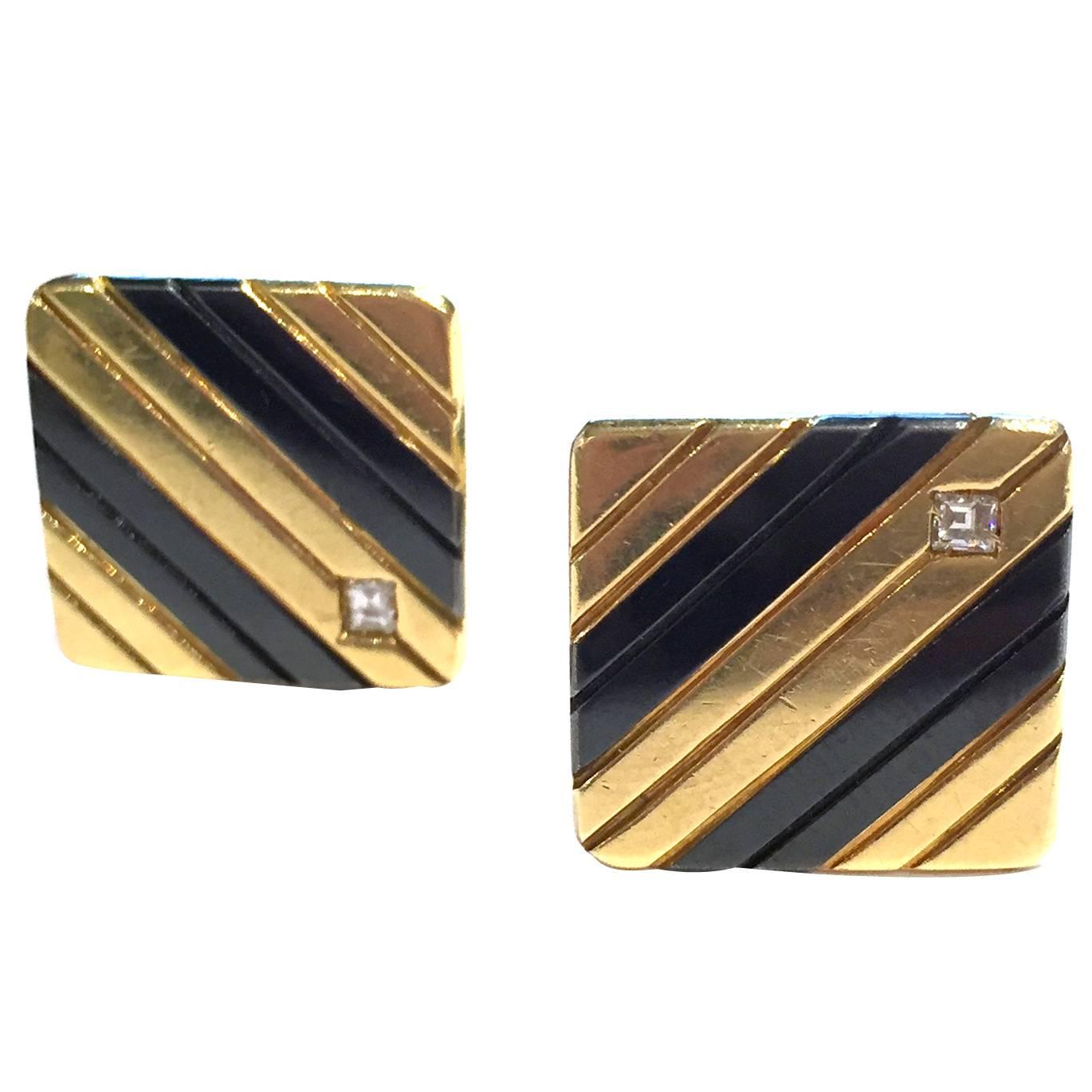1960s Enamel Diamond Gold Cufflinks  For Sale