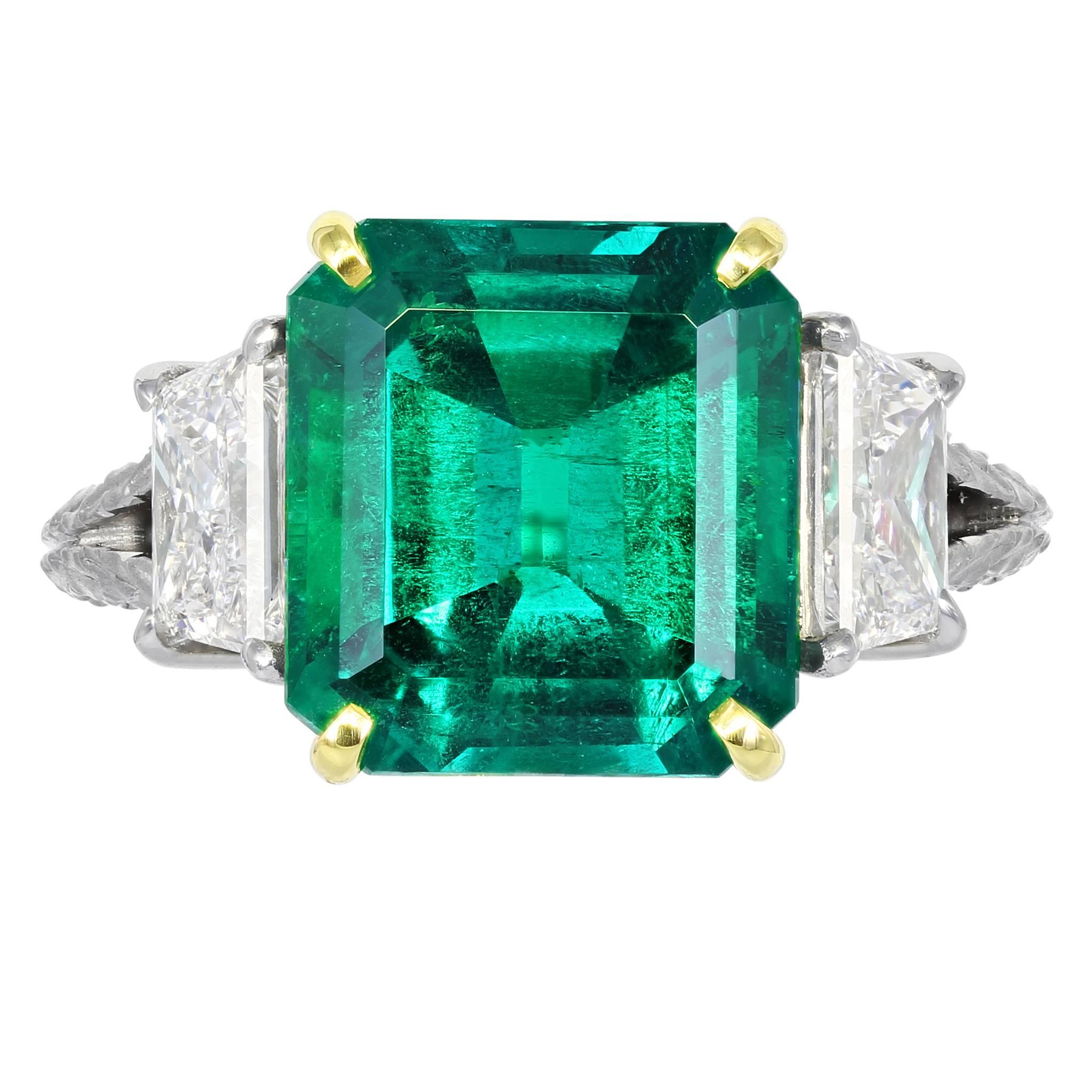 5.00 Carat Colombian Emerald Diamond Gold Platinum 3 Stone Ring For Sale