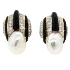 David Webb Enamel Baroque Pearl Diamond Gold Platinum Earrings
