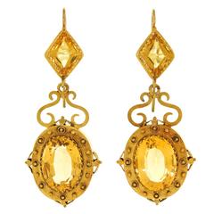 Antique Citrine and Gold Dangle Earrings in the Etruscan Taste