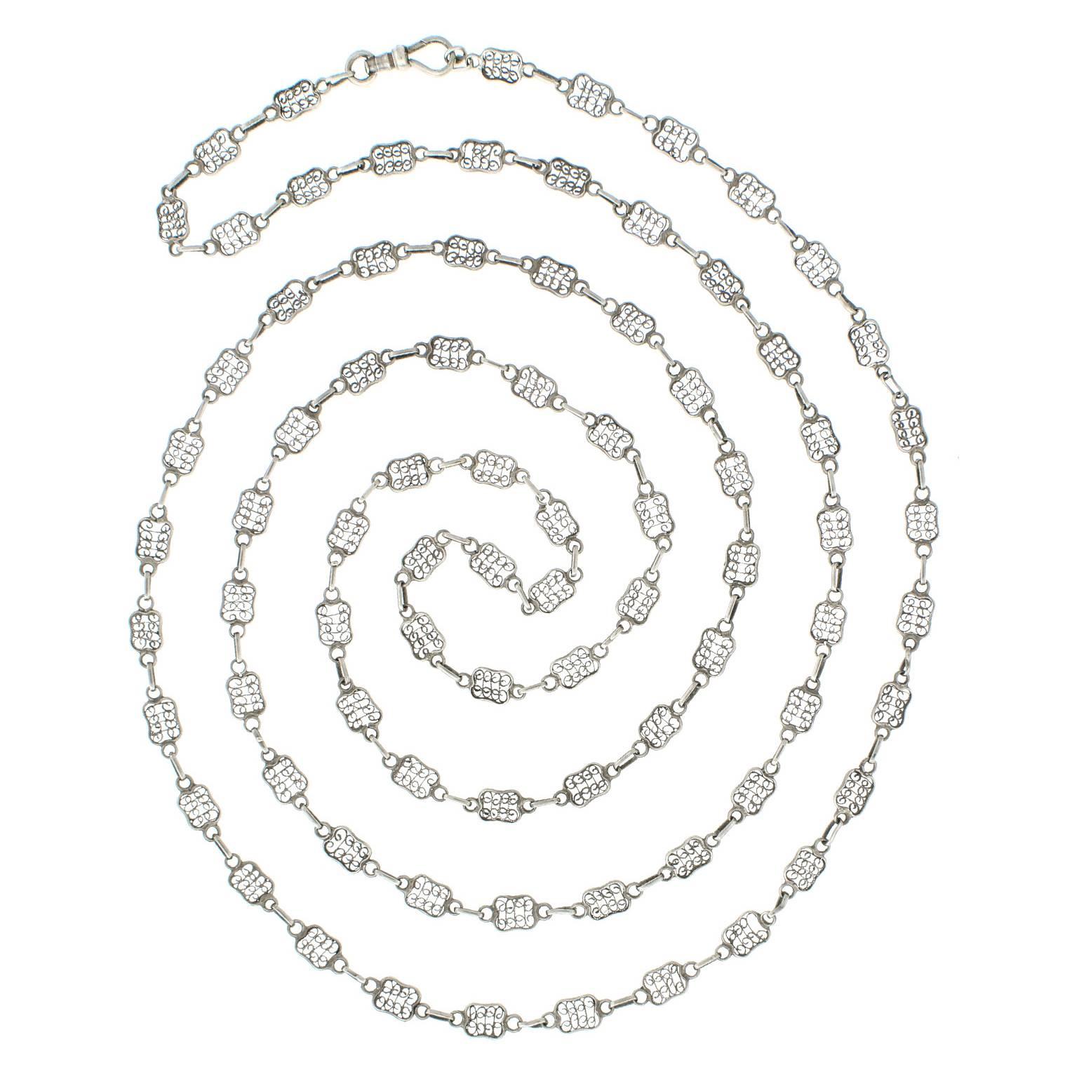 Antike filigrane 60-Zoll-Kette aus Sterlingsilber, antik