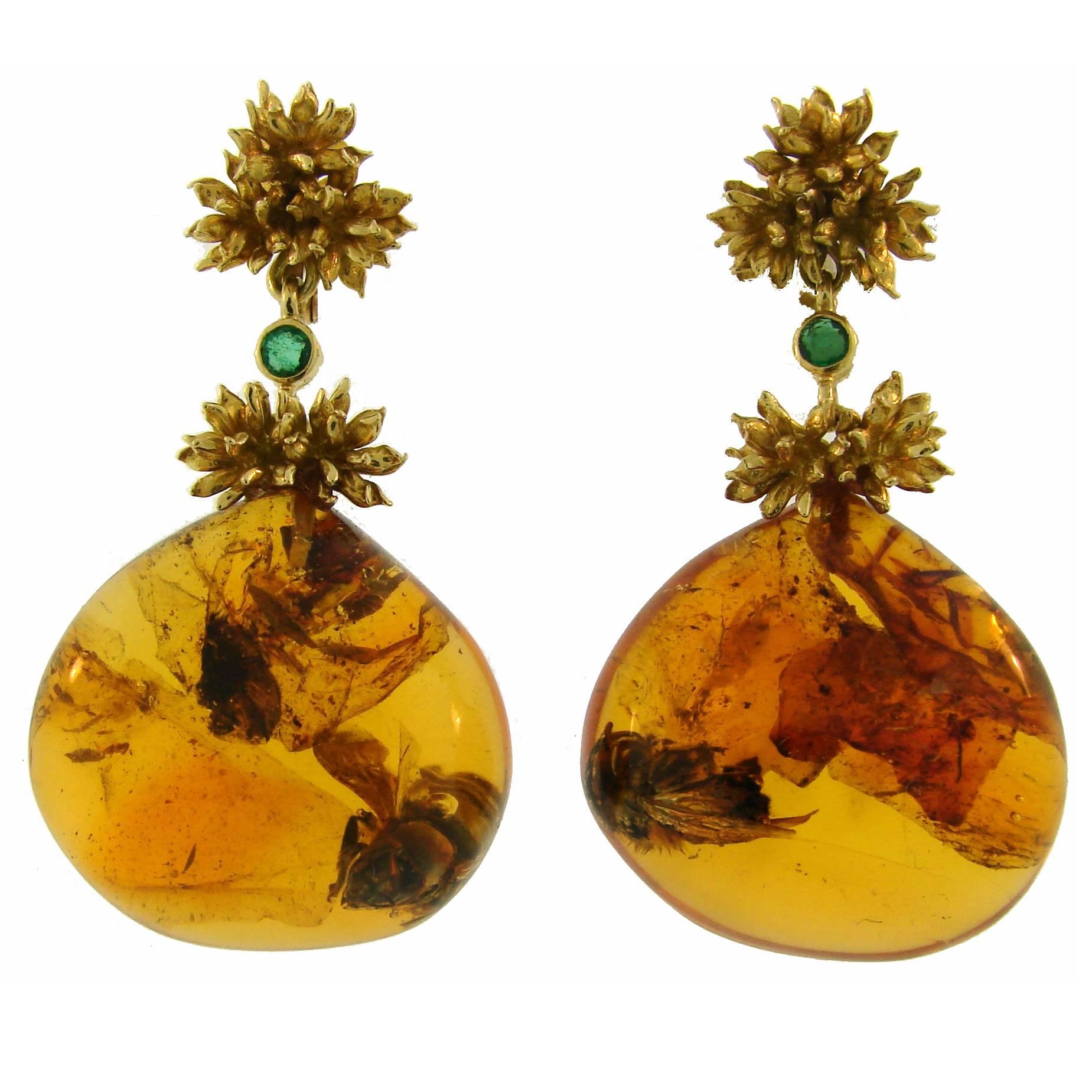1970s Cipullo Amber Emerald Gold Earrings