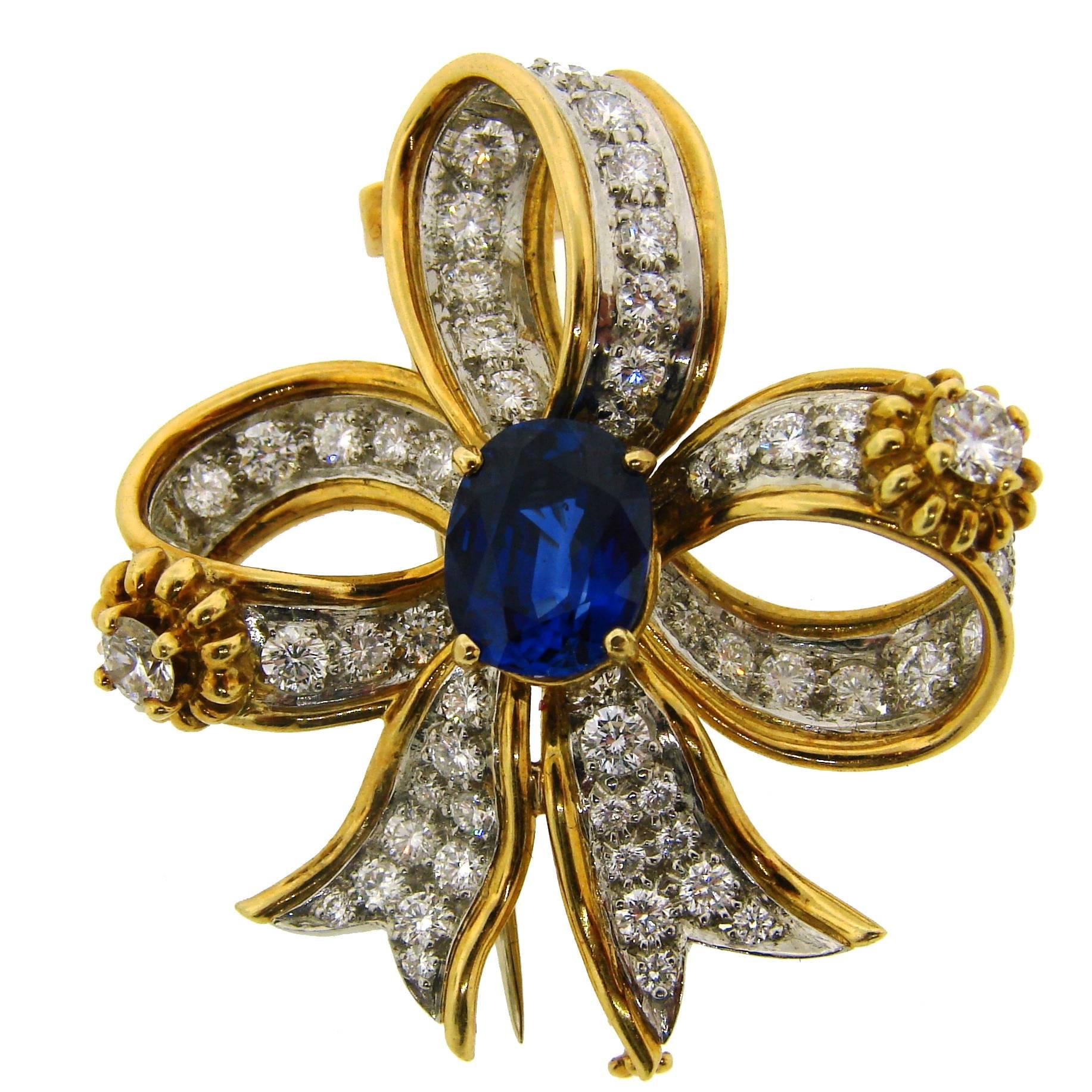 1950s Tiffany & Co. Schlumberger Sapphire Diamond Gold Bow Clip Pin Brooch