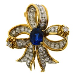 1950s Tiffany & Co. Schlumberger Sapphire Diamond Gold Bow Clip Pin Brooch