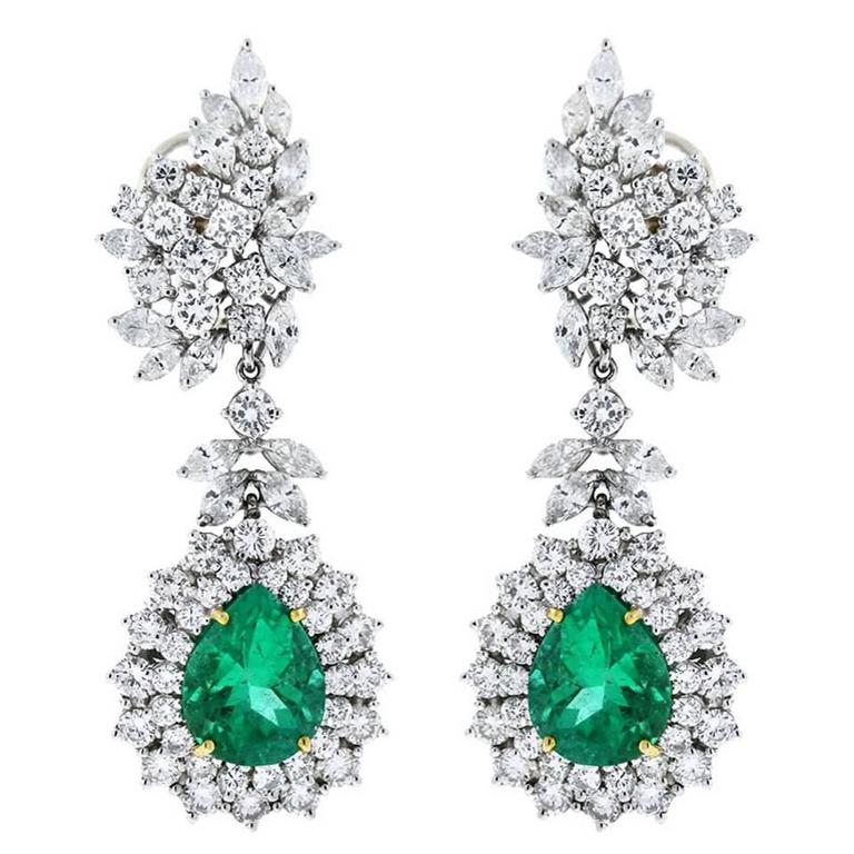 Pear Shaped Emerald Marquise and Round Cut Diamond Platinum Drop ...
