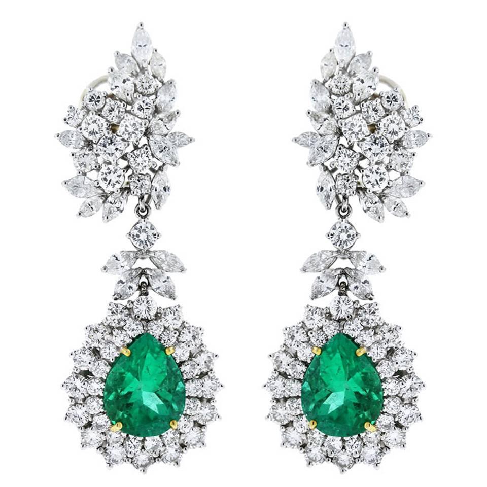 Pear Shaped Emerald Marquise and Round Cut Diamond Platinum Drop Earrings
