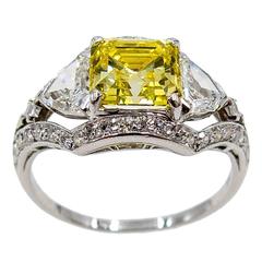 Vintage Elegant Fancy Intense GIA Cert Yellow Asscher Cut Diamond Platinum Ring