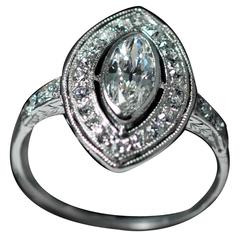Antique 1920s Art Deco Marquise Cut Diamond Platinum Cluster Ring