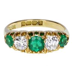 Exceptional Quality Victorian Old Cut Emerald Diamond Gold Five Stone Ring 1