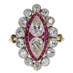 Belle Époque Late Victorian Ruby Diamond Gold Platinum Cluster Ring
