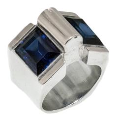 Retro French Silver Gold and Synthetic Sapphire Ring
