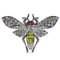 Antique Diamond Colored Stone Silver-Topped Gold Fly Brooch