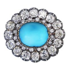 Late 19th Century Turquoise Diamond Silver-Topped Gold Brooch