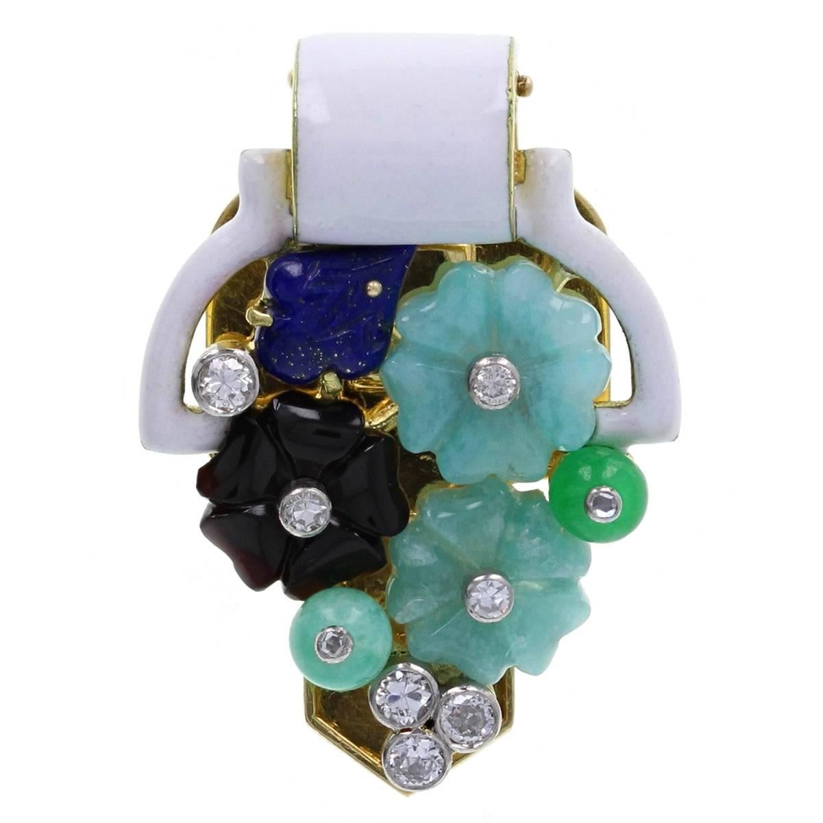 Cartier Tutti Frutti Jade Emerald Onyx Lapis Lazuli Diamond Brooch For Sale