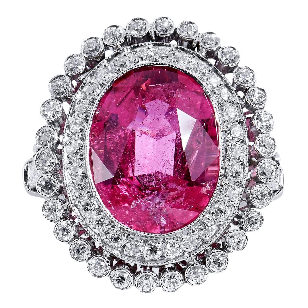 Art Deco Inspired 5.96 Carat Pink Tourmaline and Diamond Halo Platinum Ring 7.5 For Sale