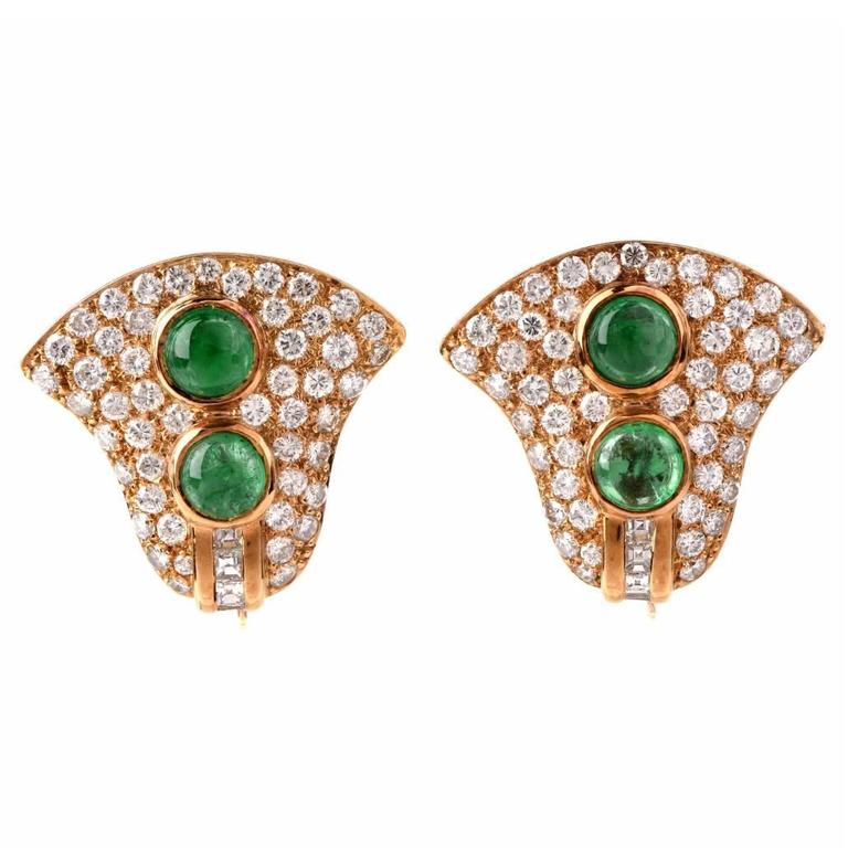 Cabochon Emerald Diamond Gold ClipOn Earrings For Sale at 1stdibs