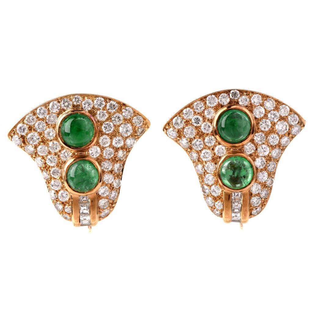 Cabochon Emerald Diamond Gold Clip-On Earrings