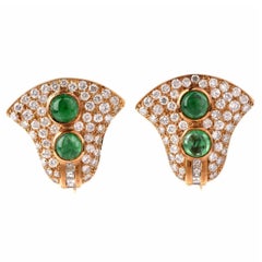 Cabochon Emerald Diamond Gold Clip-On Earrings